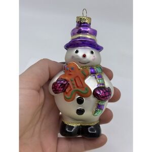 SPARKLY SNOWMAN Ornament HAND BLOWN GLASS  4 1/2" Sweet Face Gingerbread Man